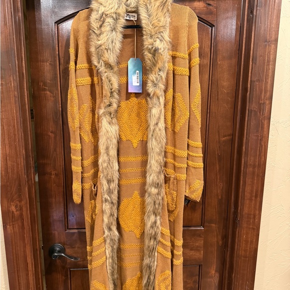 Show Me Your MuMu Brown and Yellow Cardigan with Faux Fur Trim - Picture 1 of 1